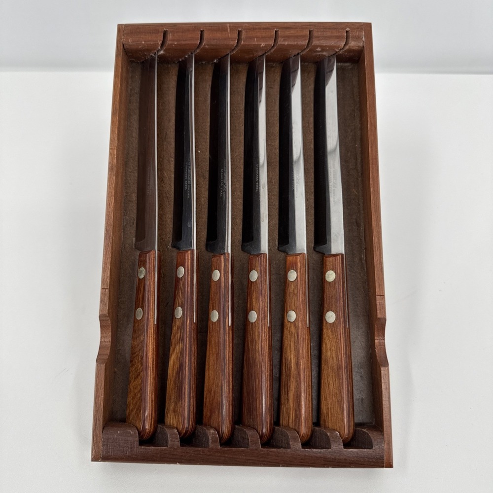 Robinson Hollow Ground Stainless‎ Steel Steak Knives Set of 6 Wood Storage Tray